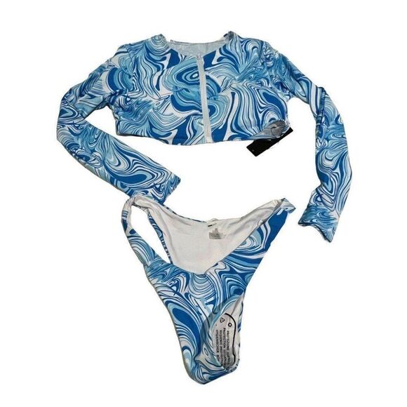 COPY - Fashion Nova NWT Retro Beach Blue Long Sleeve Two Piece Bikini Swimsuit - Picture 4 of 6